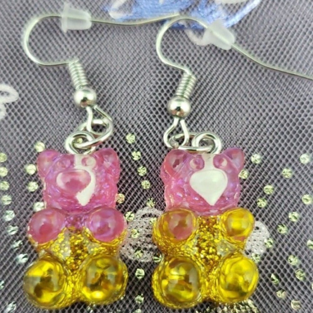 Handmade Pink and Gold Glitter Ombre Gummy Bear Earrings